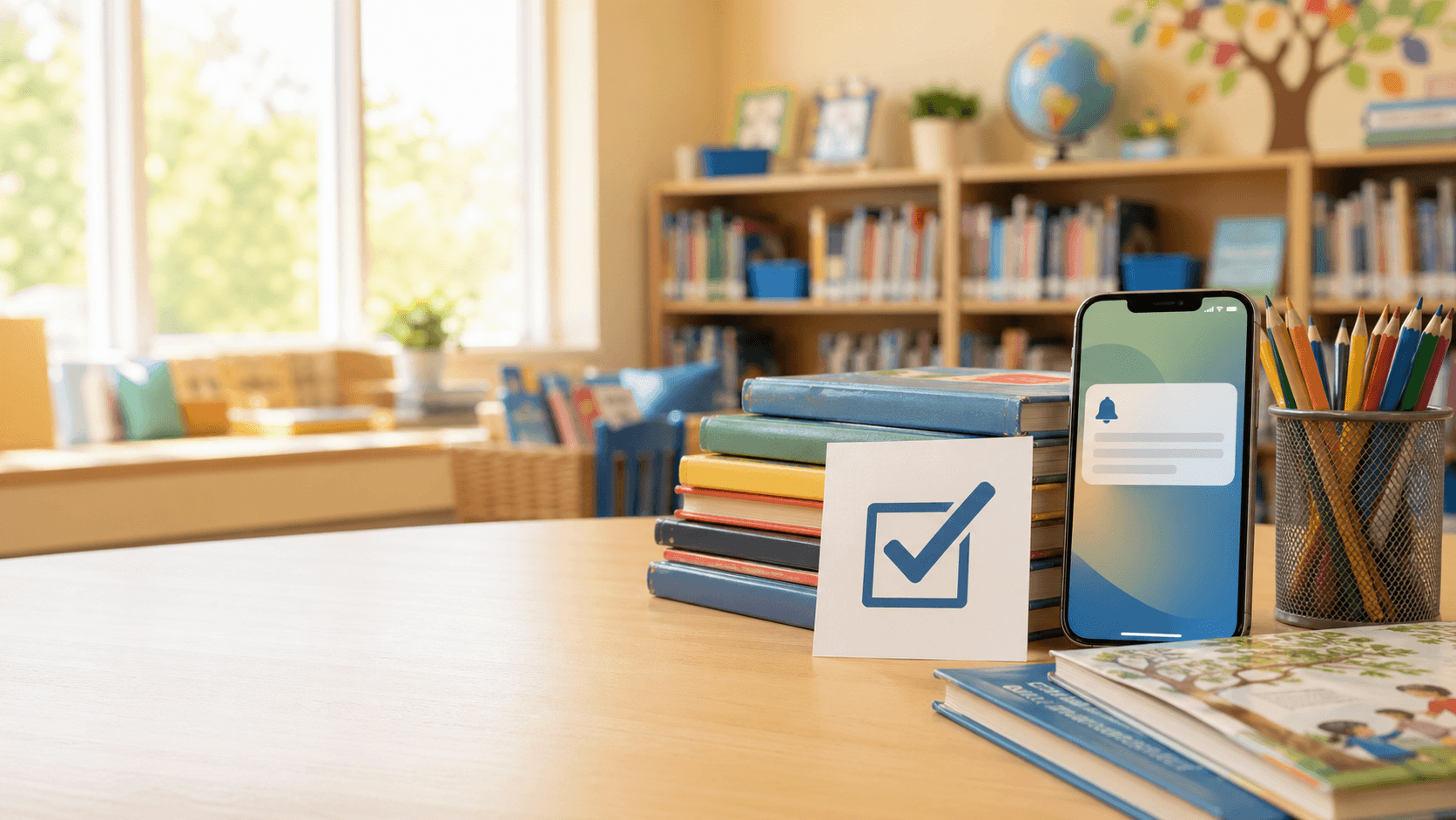 Books, a voting card, and a phone on a bright school library table.